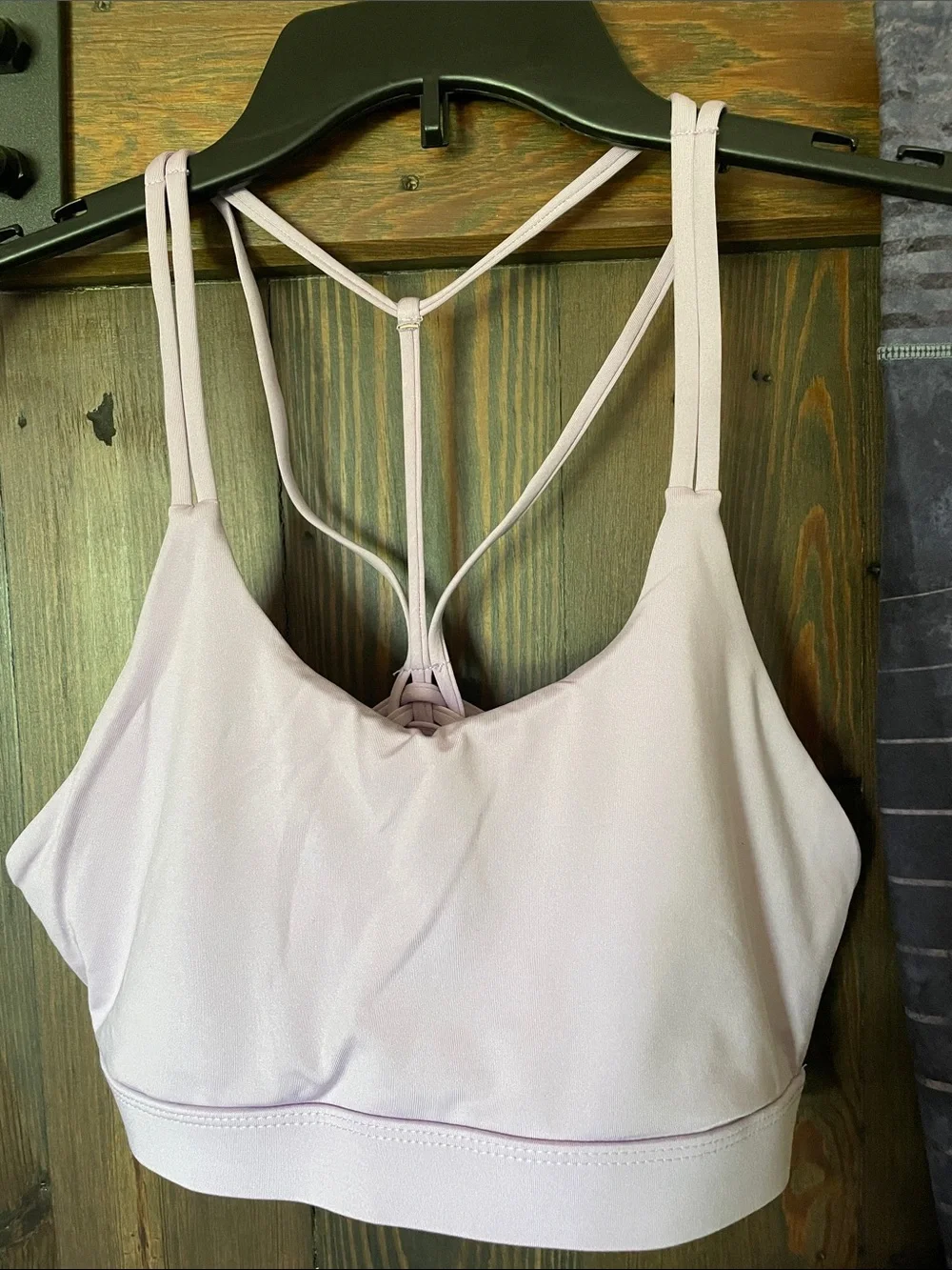 Mauve Strappy Sports Bra & Gray Striped Leggings Set
